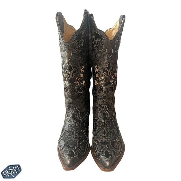 CORRAL Vintage Black Leather w/ Lizard Inlay Snip Toe Western/Cowboy Boots - Picture 4 of 16
